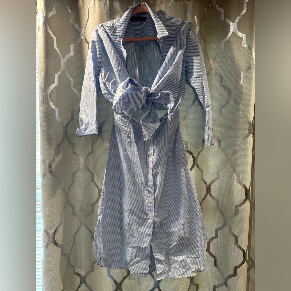 Zara Women Blue Striped Tie Shirt Dress